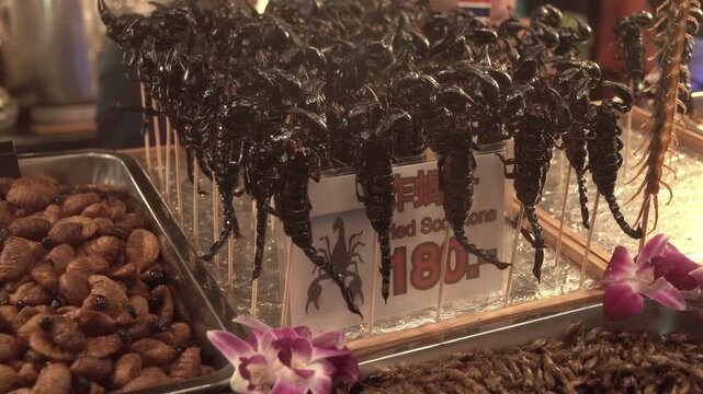 Fried scorpions at a street food stall in Bangkok, Thailand.
