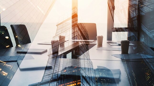 Modern corporate double exposure with sleek city skyscrapers reflecting in a professional office interior design.