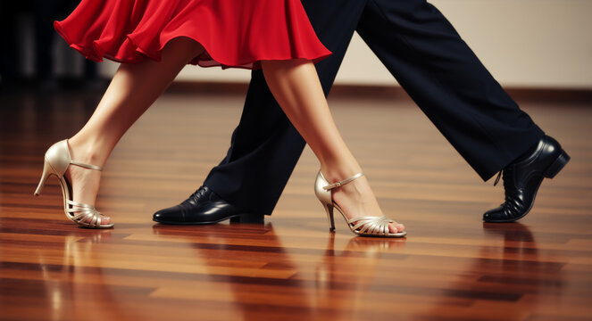 Legs of a couple dancing ballroom on a wooden floor. Woman in red dress and gold heels stepping with man in black shoes
