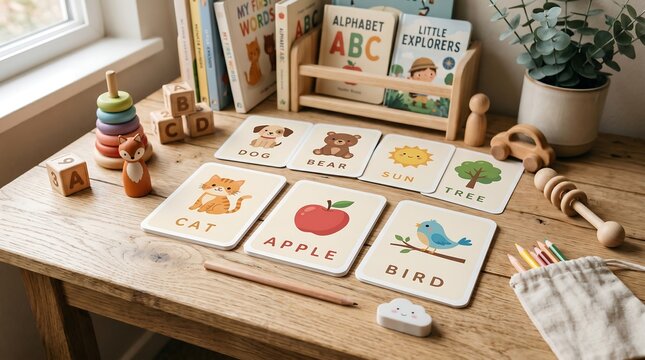 Children's educational flashcards and learning materials arranged on a wooden desk near a window with natural light
