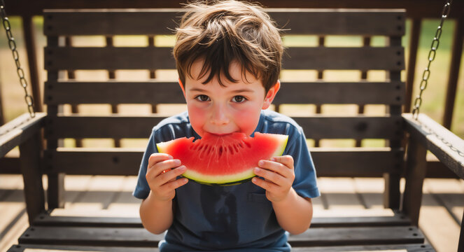 Young boy eating a slice of watermelon on a wooden porch swing. Child enjoying a fresh healthy fruit snack outdoors in summer
