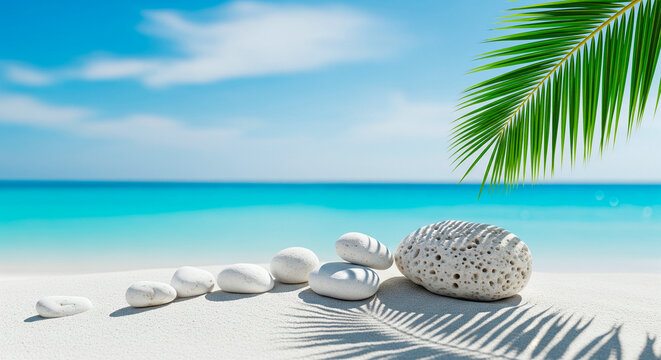 Serene beach scene with white stones and palm frond casting shadows on sand