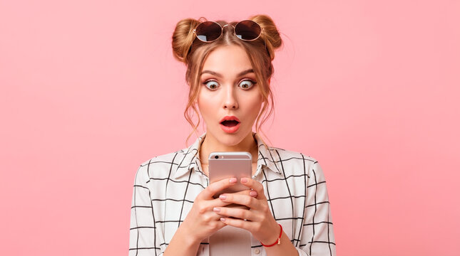 Young woman with surprised expression looking at her smartphone screen
