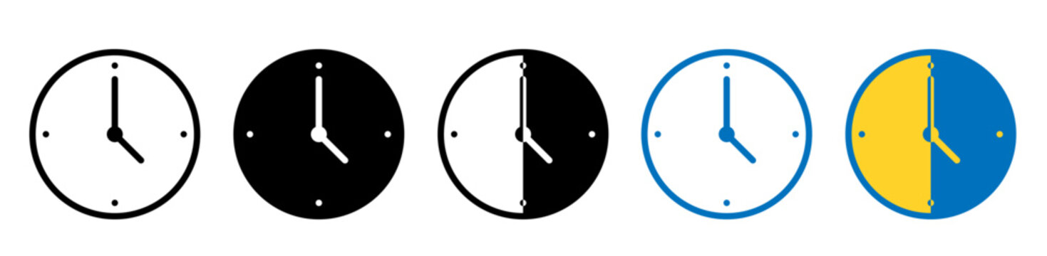 Minimalist clock icon set showing 4 o'clock time, flat vector illustration in various styles and colors.