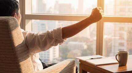 Fototapeta na wymiar Rear view of an unidentifiable person stretching arms, enjoying a break by a window with a sunny city skyline view.