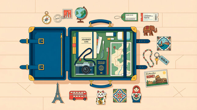 Open suitcase packed with travel essentials and souvenirs from around the world