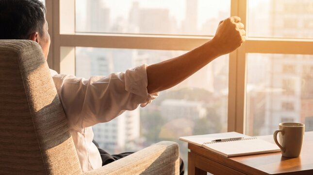 Rear view of an unidentifiable person stretching arms, enjoying a break by a window with a sunny city skyline view.