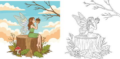 autumn fairy angel acorn hand drawn vector illustration for children coloring book © Avijit