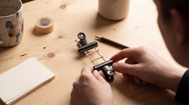 Person's hands meticulously constructing a small makeshift rope bridge with binder clips.
