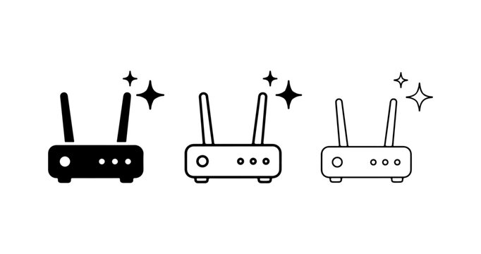 Router icon set, wireless modem symbols collection, internet networking device illustrations, WiFi router icons, modern outline and solid styles, technology hardware vector pack