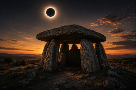 Ancient dolmen beneath dramatic total solar eclipse and dark sky. AI-generated.