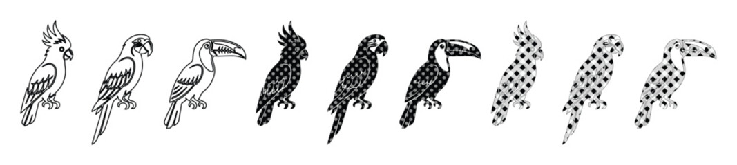 Tropical bird icons set with 9 parrot and toucan vectors, black and white exotic bird silhouettes, cockatoo and macaw line art for logo design © Jemie