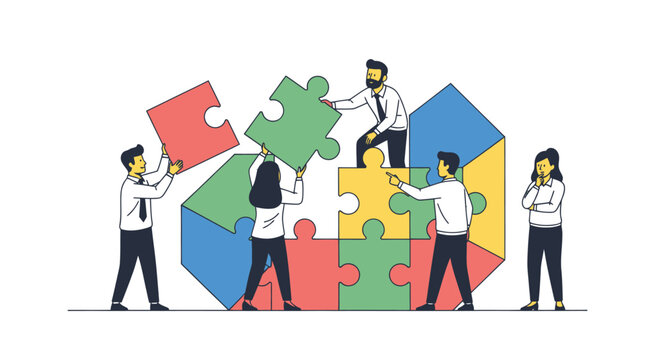 People collaborate to solve a complex puzzle together.