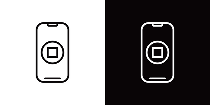 停止マークが表示されたスマホ画面のラインアイコン。白い線と黒い線のモノクロベクターイラストセット