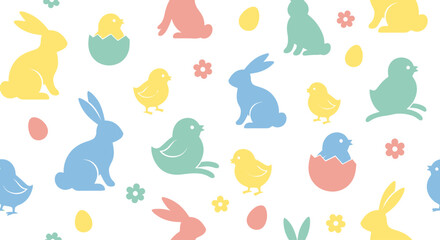 Cute Easter holiday pattern with rabbits, chicks, and eggs in pastel colors. © NWD