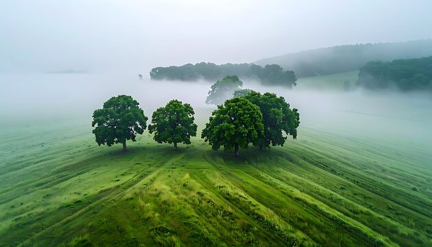 Misty morning landscape with a cluster of lush green trees in a field with rows of young plants, atmospheric rural scene
