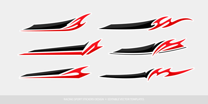 Racing livery decals set of stripes with abstract red flame in tribal style, dynamic form banners for sports car stickers and motorsport branding vehicle graphics - editable vector templates