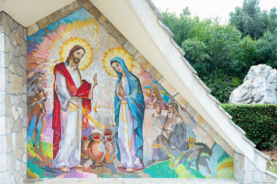Mosaic of the Wedding at Cana, the Second Luminous Mystery of the Rosary &ndash; Sanctuary of the Queen of Peace, Medjugorje, Bosnia and Herzegovina.