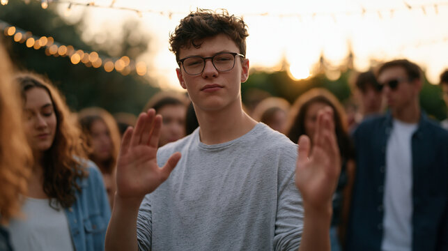 Teenage boy at a party backing away from a group pressuring him to film an embarrassing video of another student, hands raised in refusal, expression firm, string lights overhead, the social consequ