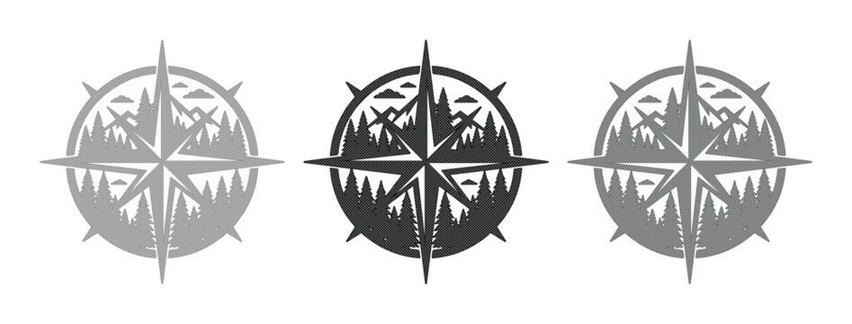 Vintage compass rose mountain forest logos, set of 3 nautical wind rose icons with pine trees, outdoor adventure travel vector emblems