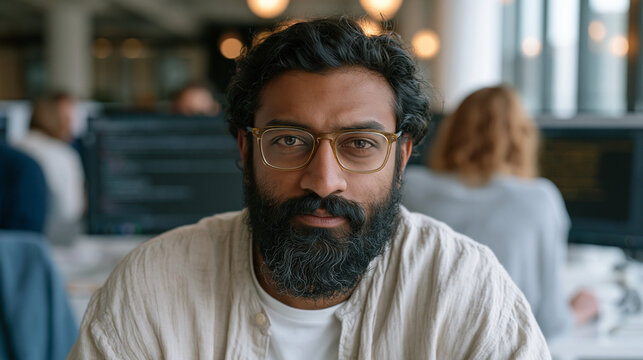 South Asian software engineer staring at a wall of code on dual monitors in an open office, colleagues around him chatting easily while he quietly rechecks work he already verified twice, imposter s