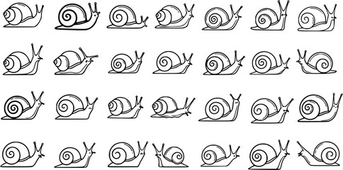 Black and White Line Art Snails in Rows, Cute Vector Illustration © victoria