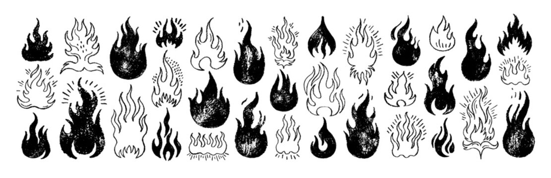 Fire flame grafitti vector. Fire graffiti icon grunge spray illustration. Flame paint by brush, marker, chalk, crayon. Hand drawn doodle line fire pattern. Grafitti collage graphic with grunge texture