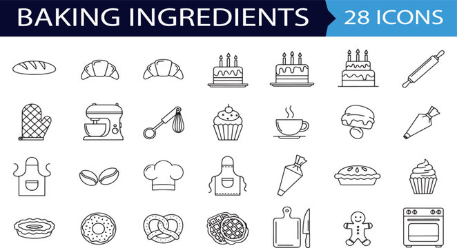 Pastry and baking icons collection with equipment and sweet desserts.