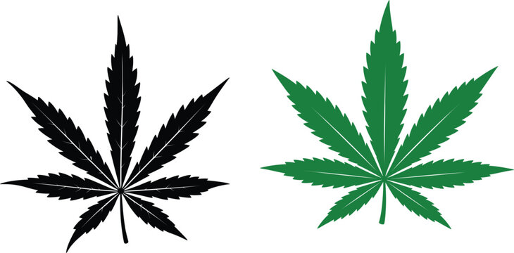 Cannabis leaf vector illustrations featuring bold black and green botanical marijuana plant designs