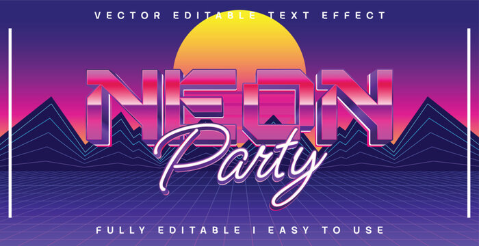 Neon Party Theme with Editable Text Effect and 80s Inspired Futuristic Landscape Background Design. Dynamic Retro Synthwave