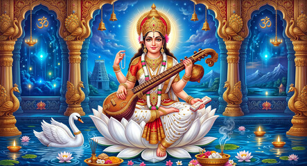 Fototapeta premium Divine Goddess Saraswati in Golden Temple Palace Spiritual Hindu Devotional Art with Veena and Lotus Lake