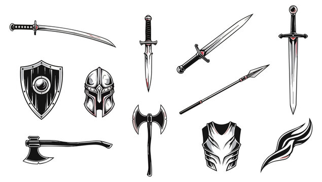 Medieval weapons collection illustration on black background