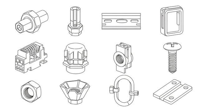 Collection of various industrial metal fasteners and hardware components