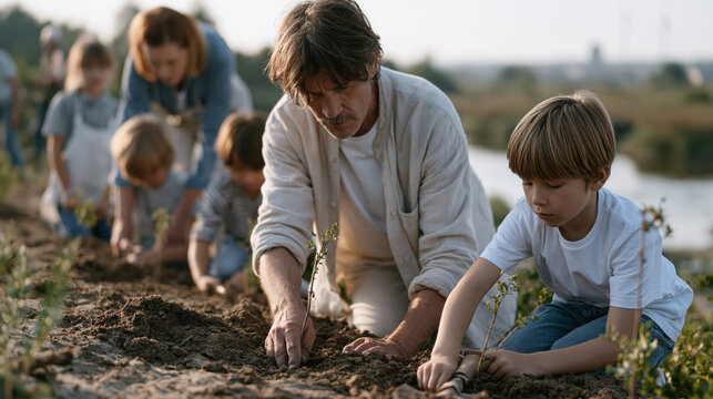 Multigenerational group of environmental volunteers planting native saplings along a riverbank, elderly organizer directing younger participants, children tamping soil with small shovels, a restored