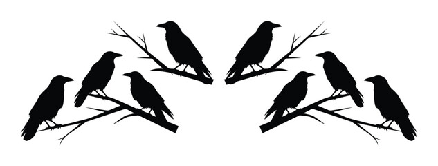 Black crow silhouettes perched on tree branches, set of eight raven bird vector icons, dark gothic nature elements for halloween design © Jemie