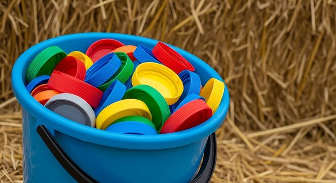 Colorful plastic bottle caps overflowing from a blue bucket against hay background