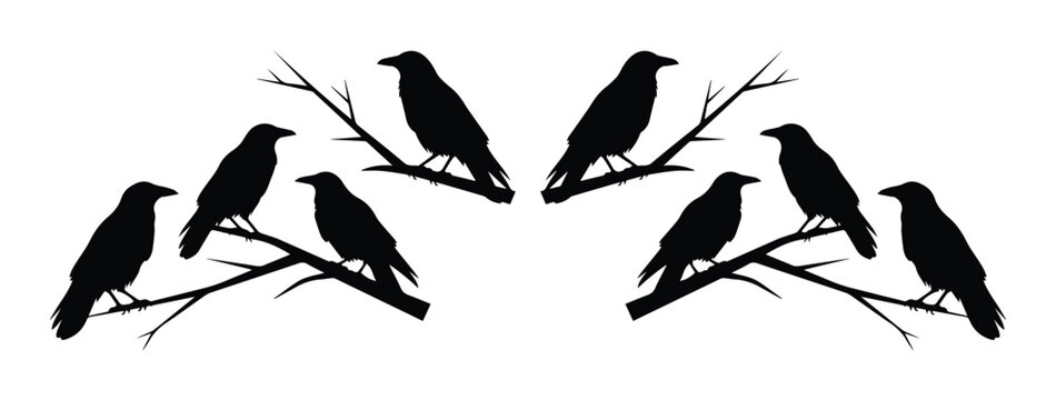 Black crow silhouettes perched on tree branches, set of eight raven bird vector icons, dark gothic nature elements for halloween design