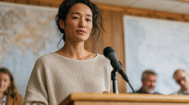 Environmental scientist presenting watershed data to a skeptical town council, standing firm at the podium while officials exchange doubtful glances, wall map behind her, the professional dignity of