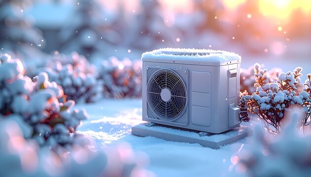 Outdoor air conditioning unit covered in snow, winter scene with soft focus background, representing cold weather operation and HVAC services