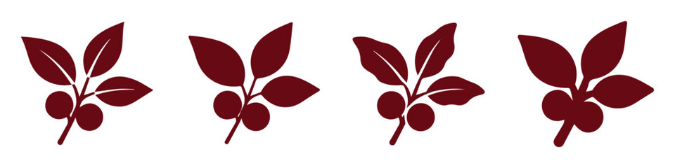 Burgundy coffee branch silhouettes, set of 4 botanical leaf and bean icons, dark red floral vector elements for cafe branding and organic packaging © Farah-Studio
