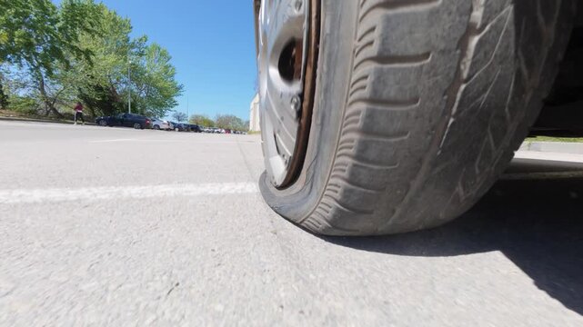 Car driving on a completely flat tire on the asphalt road