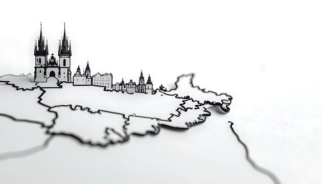 Outline map of czech republic with prague castle detailed illustration on white background, travel concept