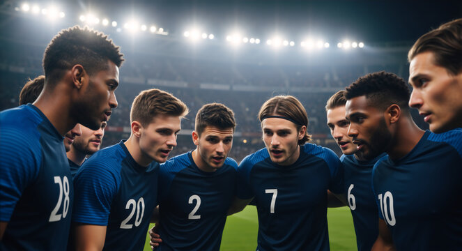 Soccer team in a huddle discussing strategy during a match. Professional football players collaborating on the field in a stadium