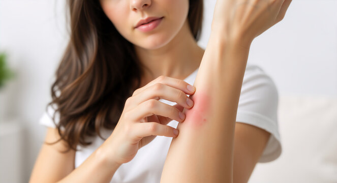 Woman scratching an itchy red rash on her arm. Person with skin allergy, eczema, or insect bite irritation. Dermatology concept