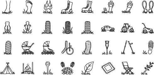 Outdoor Footprints, Vehicle Tracks, and Camping Gear Black  White Line Art Icons. Hand-drawn Doodle Collection of Nature and Activity Traces on Grass. © victoria