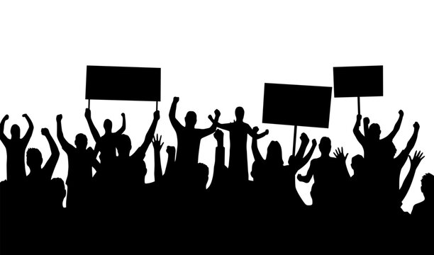 Peaceful protest and revolution. Silhouette of riot protesting crowd demonstrators with banners and flags. People on the meeting, crowd with banners. Vector illustration of conflict