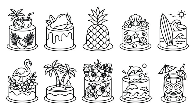 Tropical island vacation cake line art set with coconut pineapple palm trees and hibiscus.