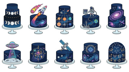 Cosmic themed cake collection featuring galaxy planets astronaut rocket and celestial icons. © Md