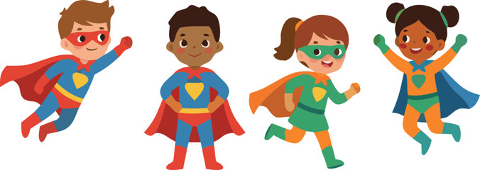 Diverse superhero kids set with boys and girls in costumes flying and running, cute cartoon hero characters vector illustration © Sumon Creative