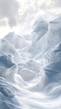 Ethereal snowscape panorama of frosted peaks under luminous sunlight atmosphere